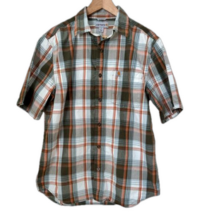Carhartt brown and orange plaid relaxed fit 100% cotton short sleeved shirt. M
